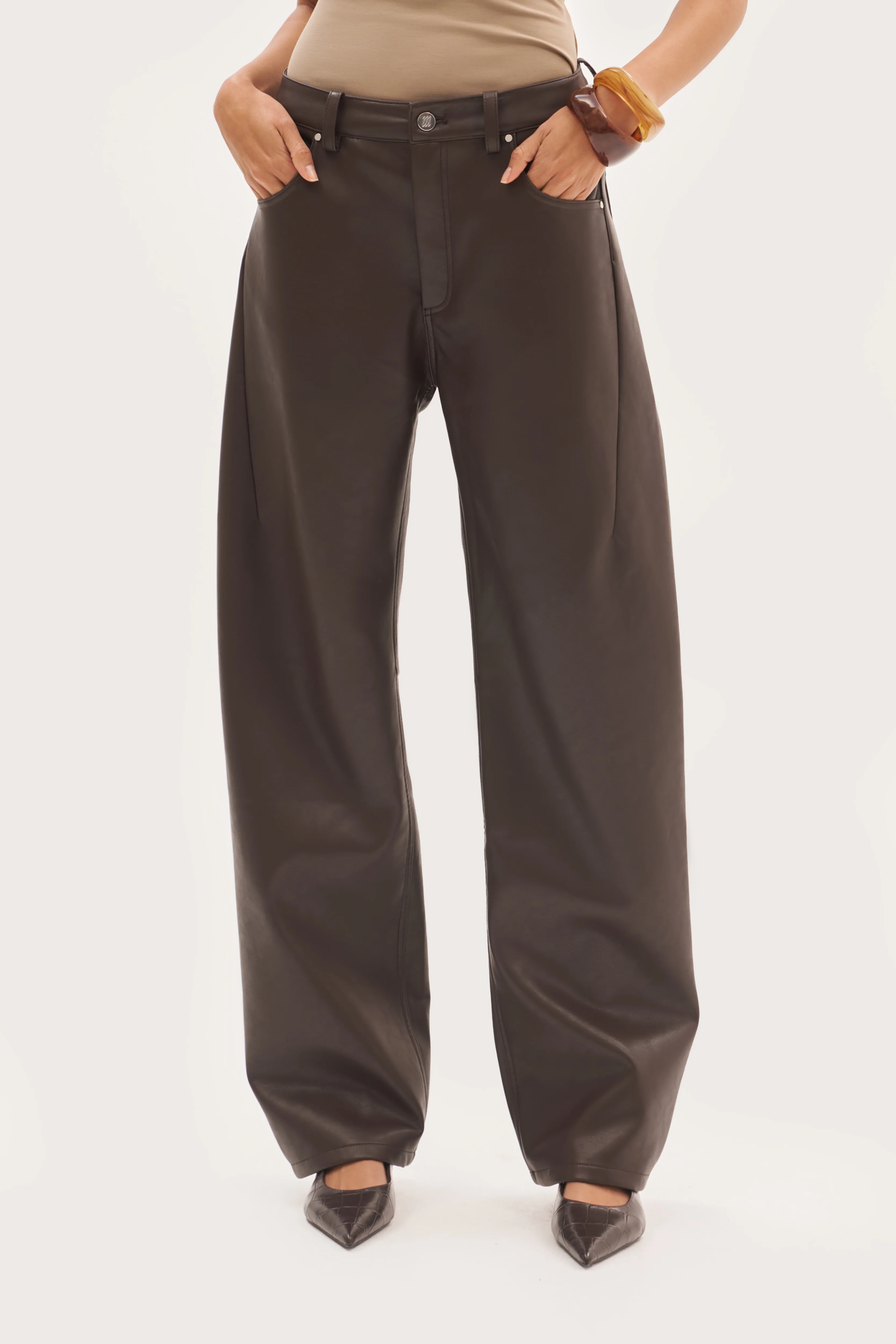 Barrel Leather-Effect Trousers - Brown | Maebe