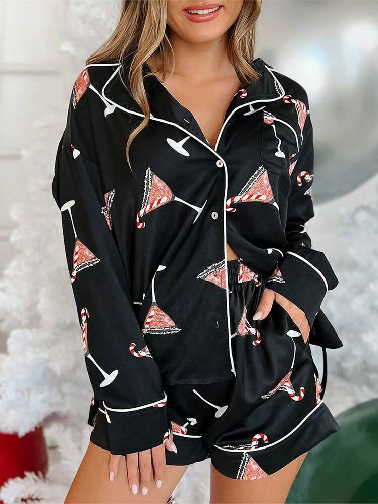 Women Christmas Satin Pajamas Sets Candy Cane Print Long Sleeve Button Down Shirts Tops And Short... | SHEIN