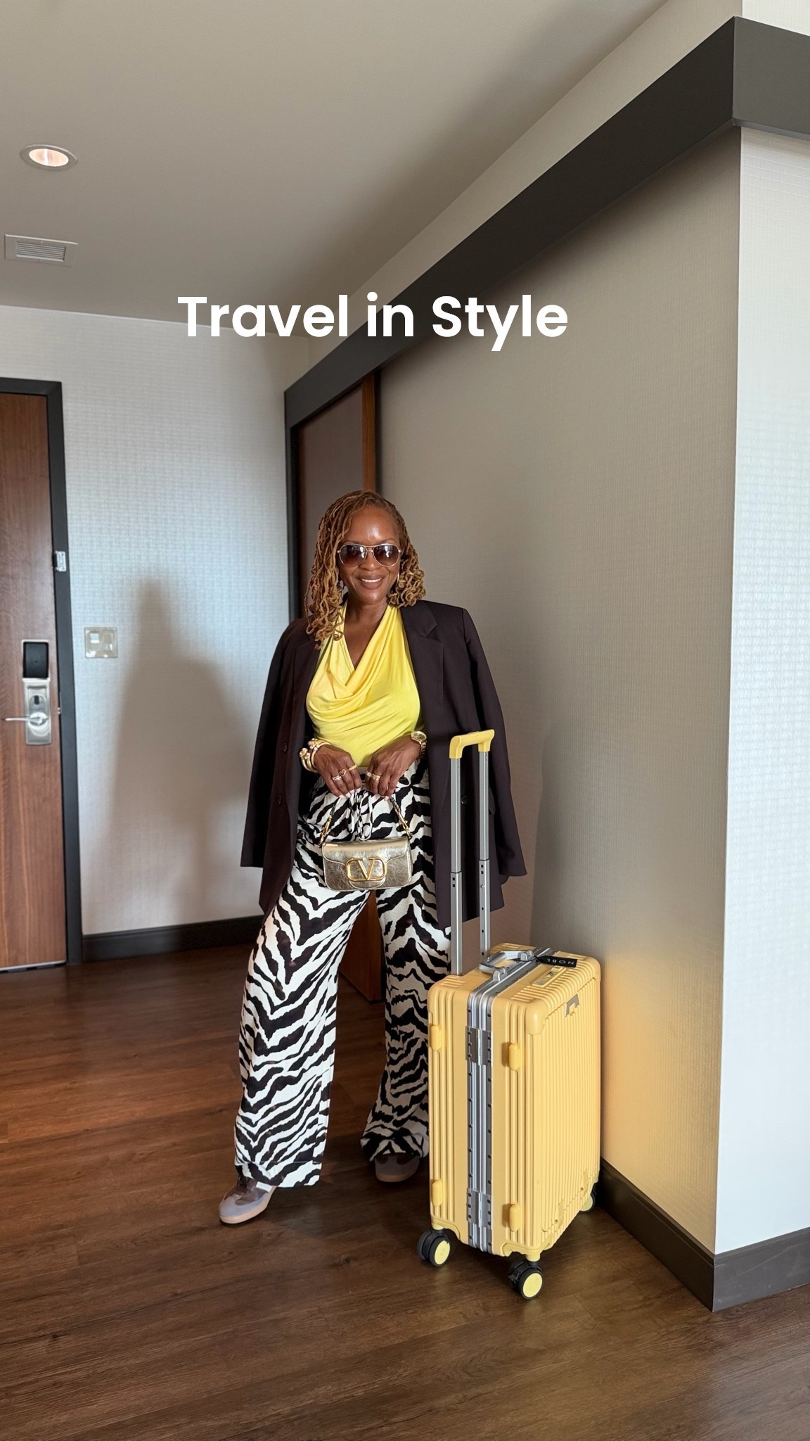 Travel in style and comfort 
Brown blazer elevates any look
A pop of yellow 
Animal print pants
Brown adidas sneakers 
Gold jewelry

#LTKootd #LTKdayinmylife #LTKTravel