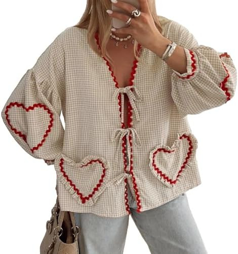 MOLERFO Tie Front Tops for Women Gingham Babydoll Bow Top Puff Sleeve Coquette Tops Heart Long Sl... | Amazon (US)