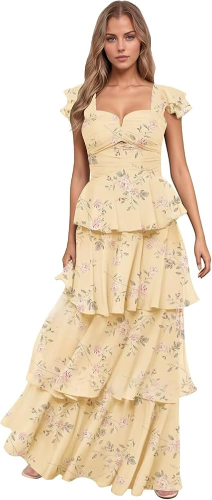 Women’s Ruffle Bridesmaid Dresses Long Chiffon Tiered Prom Dresses 2025 Pleated Flutter Sleeve ... | Amazon (US)
