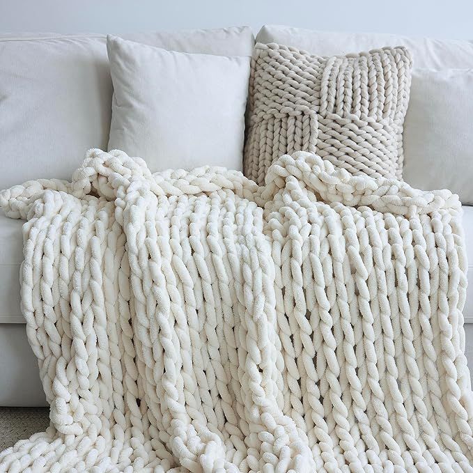 Chenille Chunky Knit Blanket Throw （30×40 Inch）, Handmade Warm & Cozy Blanket Couch, Bed, Ho... | Amazon (US)