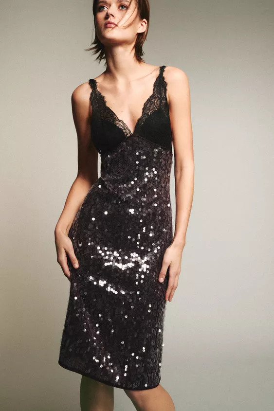 COMBINATION SEQUIN LACE MIDI DRESS | Zara US