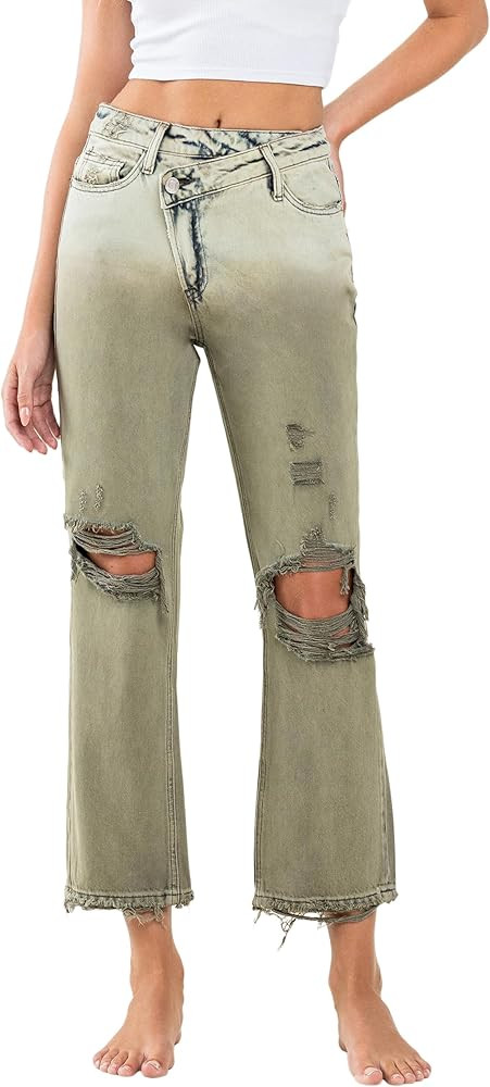 VERVET, Super High Rise Criss Cross Waistband Crop Straight Jeans, Olive | Amazon (US)