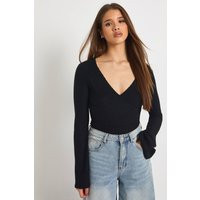 boohoo Women's Soft Brushed Rib V Neck Bodysuit in Black | Size: 12 | Boohoo.com (UK & IE)