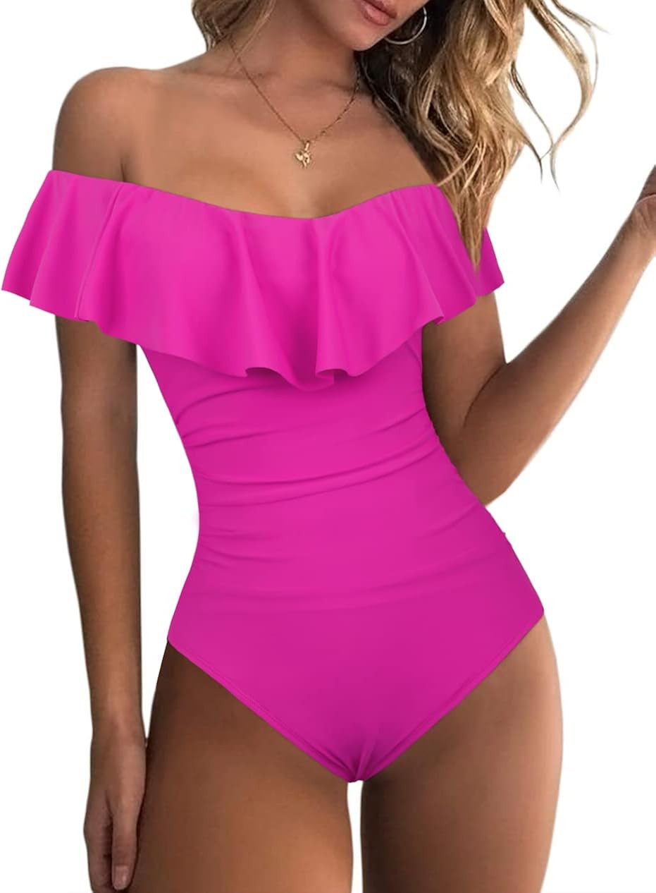 Hilor Women's Off Shoulder One Piece Swimsuits Retro Tummy Control Swimwear Flounce Ruffled Bathi... | Amazon (US)