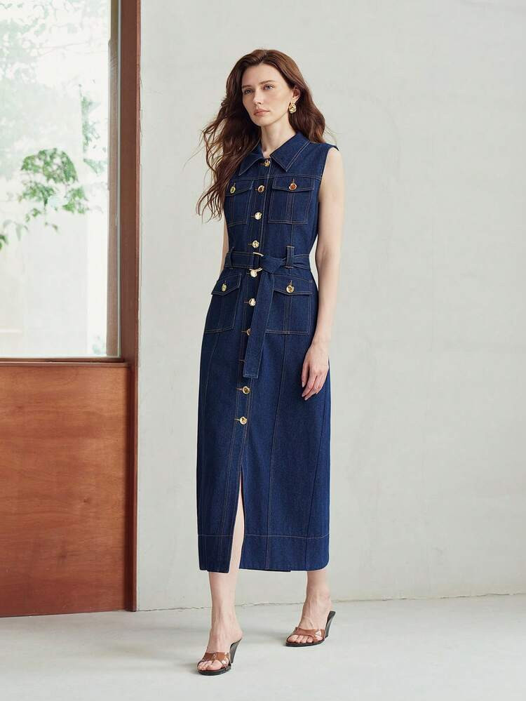 MOTF PREMIUM WOMEN'S SLEEVELESS DENIM DRESS WITH FLAP POCKETS AND BELT | SHEIN