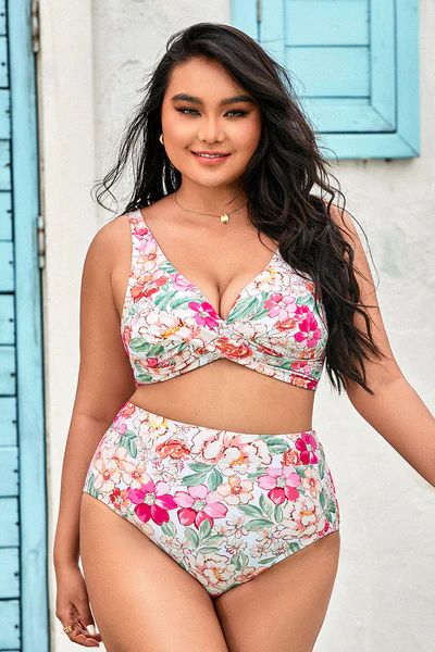 90’s Floral Wrap Banded Tummy Control High Waist Plus Size Bikini | Cupshe