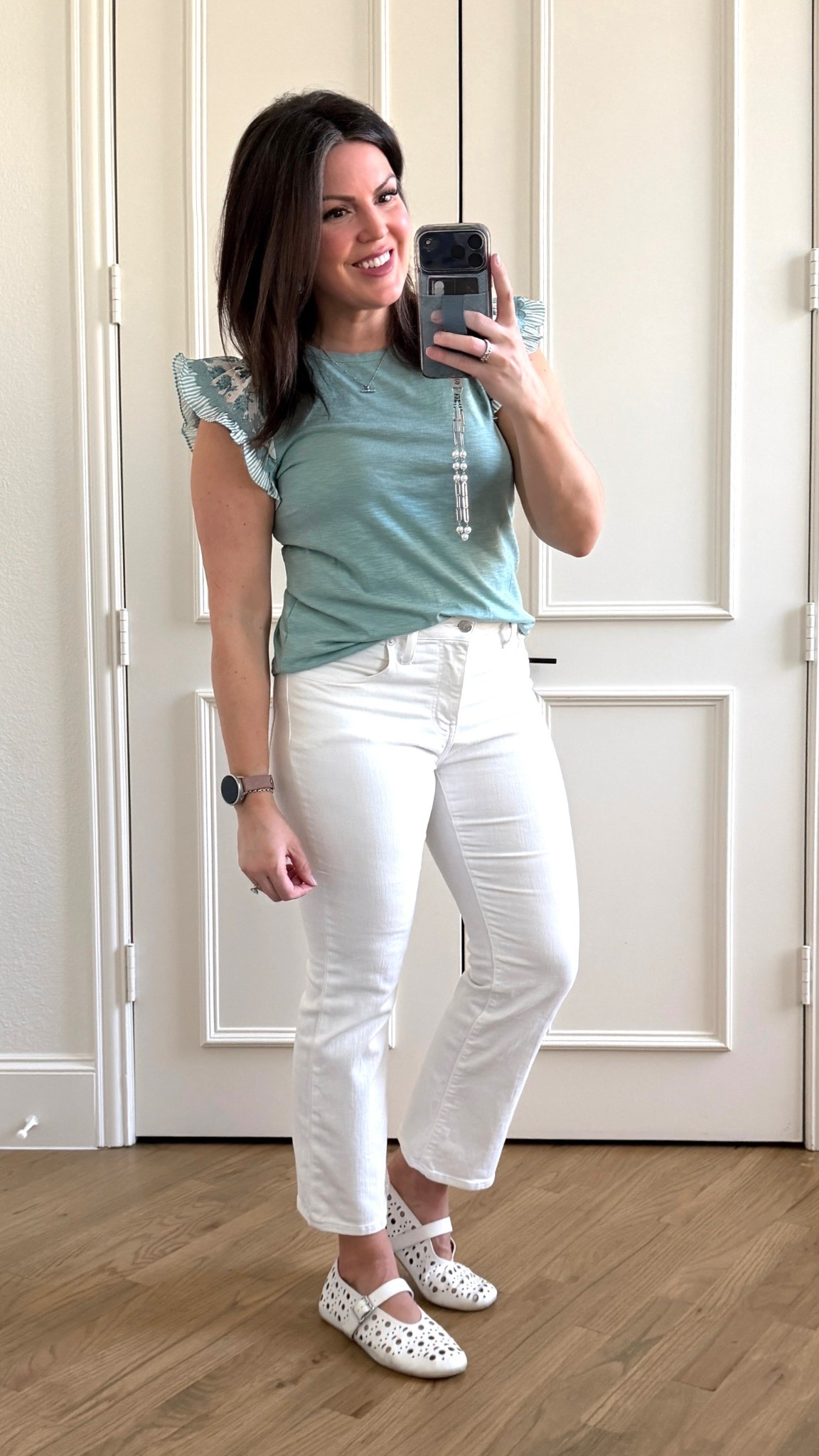 Something of a duck egg and pastel jade. Obsessed. $14 fits tts. Soft white midrise jeans I wear a petite 28. Sized down one. Cutest Amazon flats. Turquoise earrings!