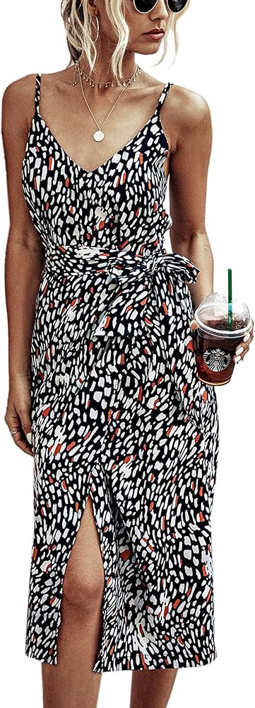 Angashion Women's Dresses - Sexy V Neck Spaghetti Strap Floral Leopard Printed Split Party Tulip ... | Amazon (US)