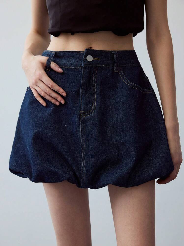MOTF STUDIO SLANT POCKET PUFFBALL DENIM SKIRT | SHEIN