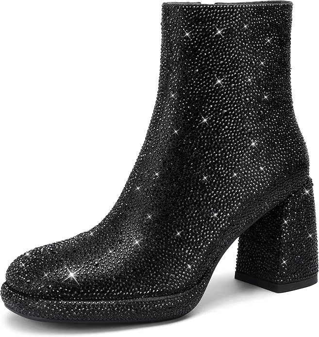 Rhinestone Boots For Women Chunky Block Heeled Sparkly Platform Ankle Booties Glitter Shoes Weddi... | Amazon (US)