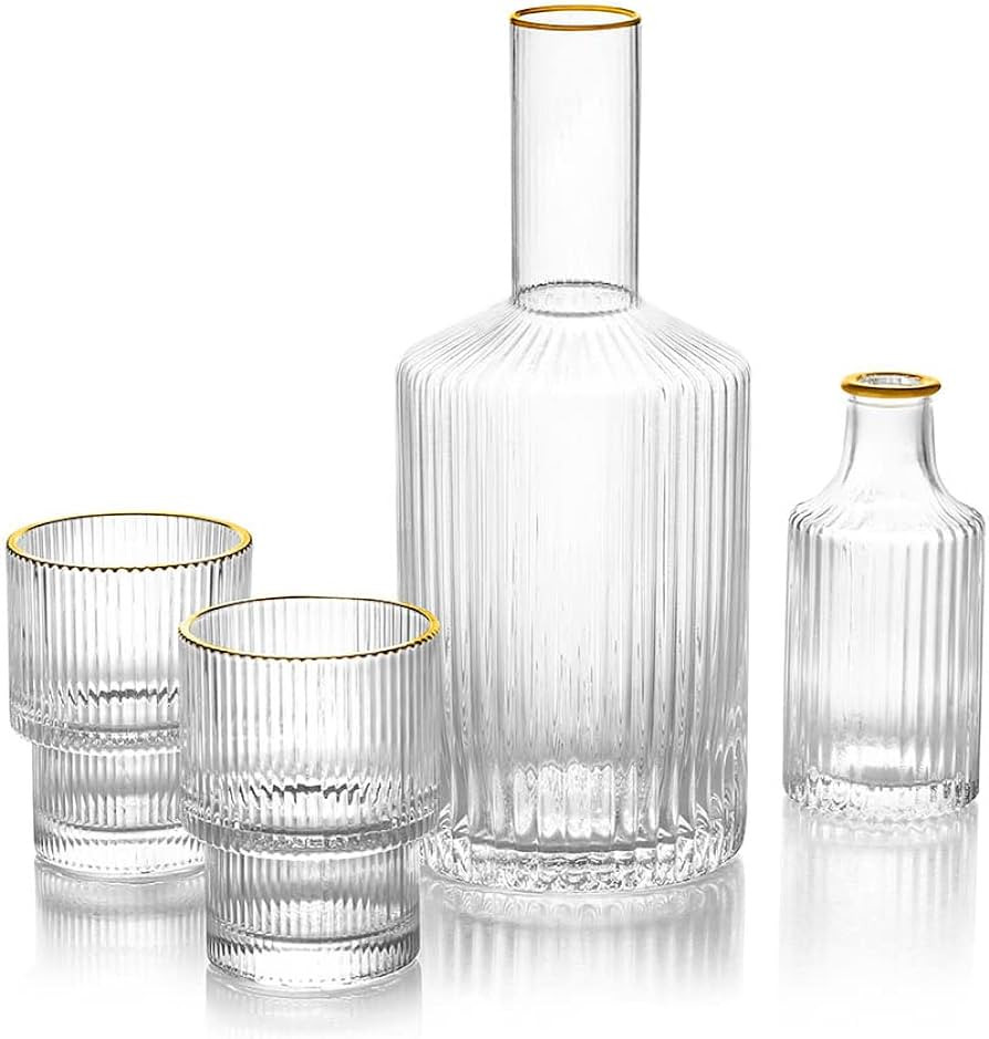 Harmony Home 4 Piece Elegant Hand Crafted Glass Bedside Water Carafe and Glass Set with Gold Trim... | Amazon (US)