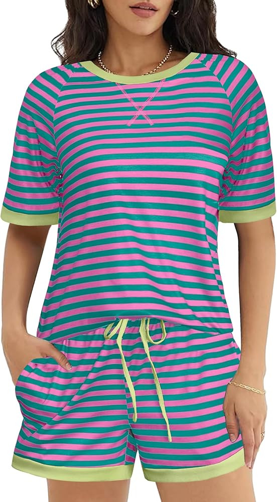 Ekouaer Pajamas for Women Short Sleeve Pjs Sets Crewneck Striped Tops and Shorts 2 Piece Lounge S... | Amazon (US)