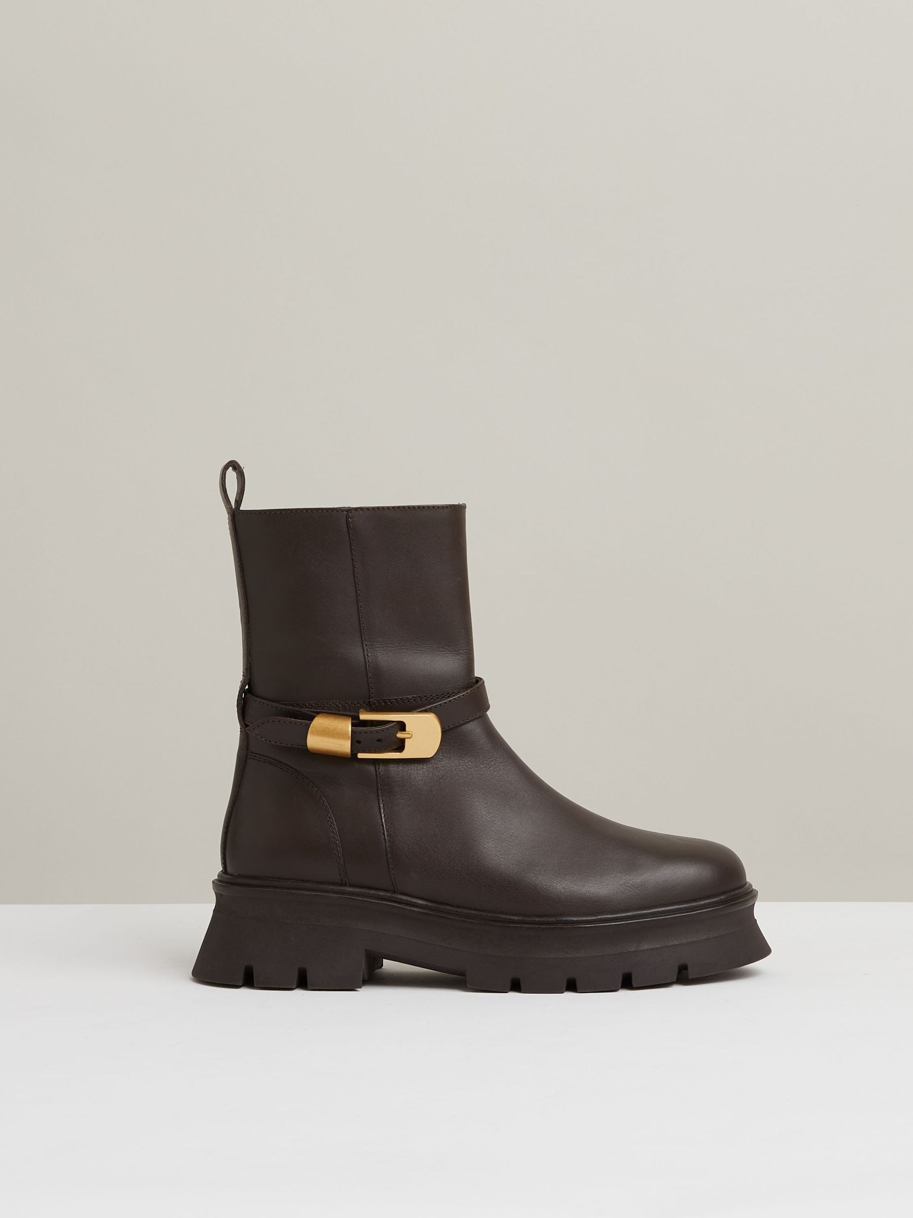 Reiss Leather Cleated Ankle Boots in Chocolate - REISS | Reiss UK