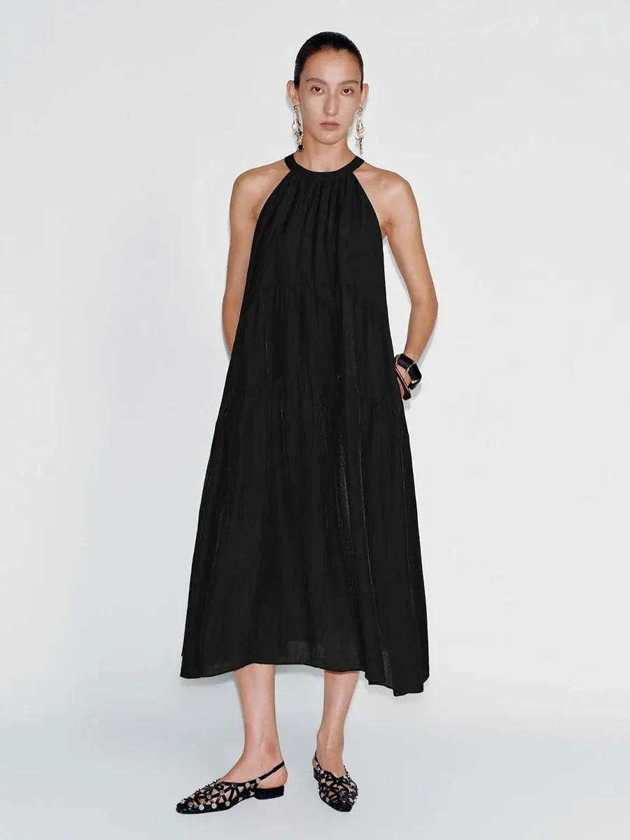 Halter Neck Tiered A Line Elegant Viscose Blend Midi Dress | Urban Revivo