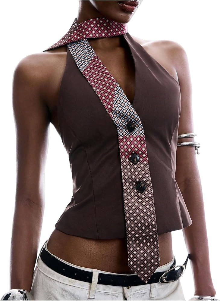 Floerns Women's Y2k Halter Neck Crop Top Vintage Backless Button Down Tops | Amazon (US)
