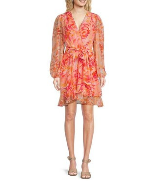 Alex Marie Laurel Printed Crinkle Chiffon Long Sleeve A-Line Dress | Dillard's | Dillard's