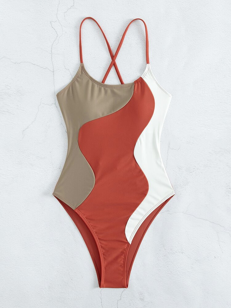 Color Block Lace Up Back High Cut One Piece Swimsuit | SHEIN