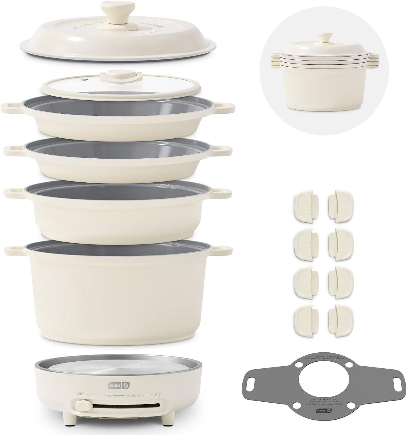 Dash Stacks 16-Piece Ceramic Nonstick Cookware Set with Electric Burner, Pots and Pans Set, Stackable Nesting Kitchen Pots and Pans, Small Kitchen, Oven Safe, Cream | Amazon (US)