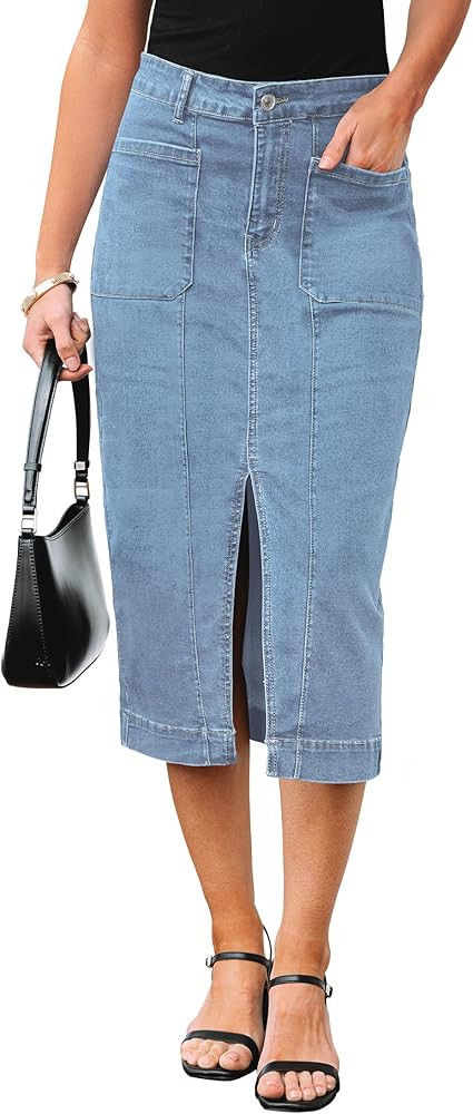 luvamia Jean Skirts for Women Denim Trendy Casual Stretchy High Waisted Midi Front Pockets Below ... | Amazon (US)