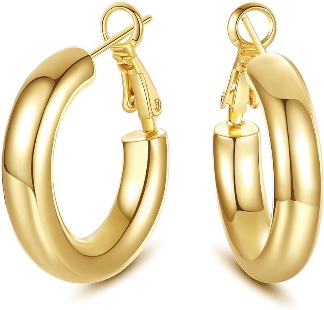 SHOWNII 14k Gold Plated Chunky Tube Hoop Earrings for Women | Amazon (US)