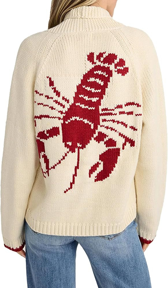 Women Lobster Sweater Cardigan Button Front Shawl Collar Chunky Knit Top with Pockets Fall Winter | Amazon (US)