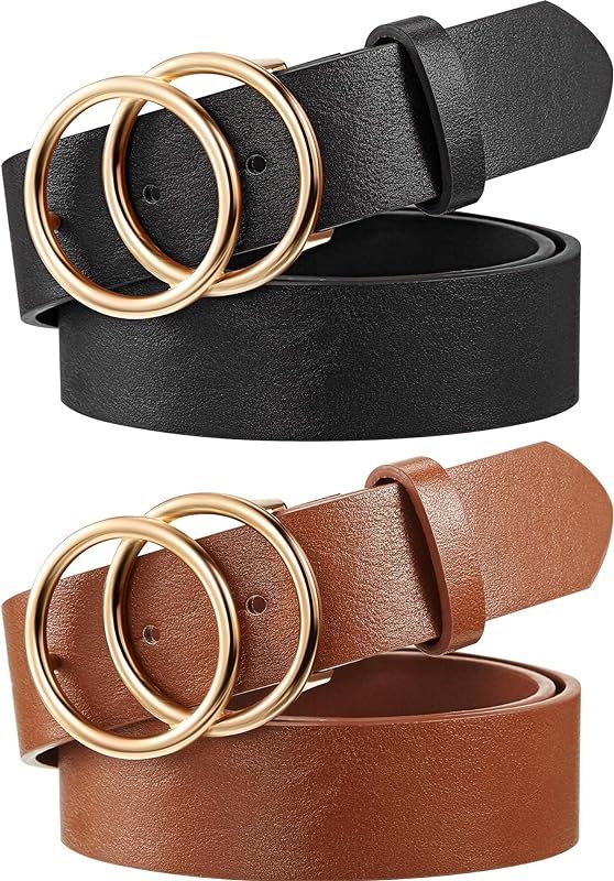 2 Pieces Women Leather Belt Soft Faux Leather Jeans Belt Waist Belts for Jeans Dress with Double O-R | Amazon (US)