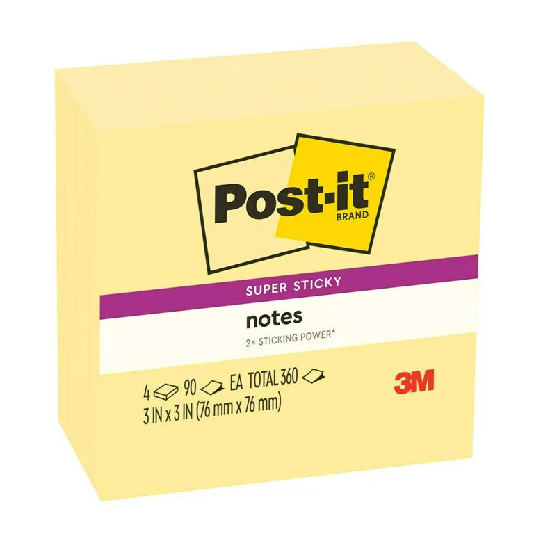 Post-it Super Sticky Notes, 3". x 3", Canary Yellow, 4 Pads | Walmart (US)