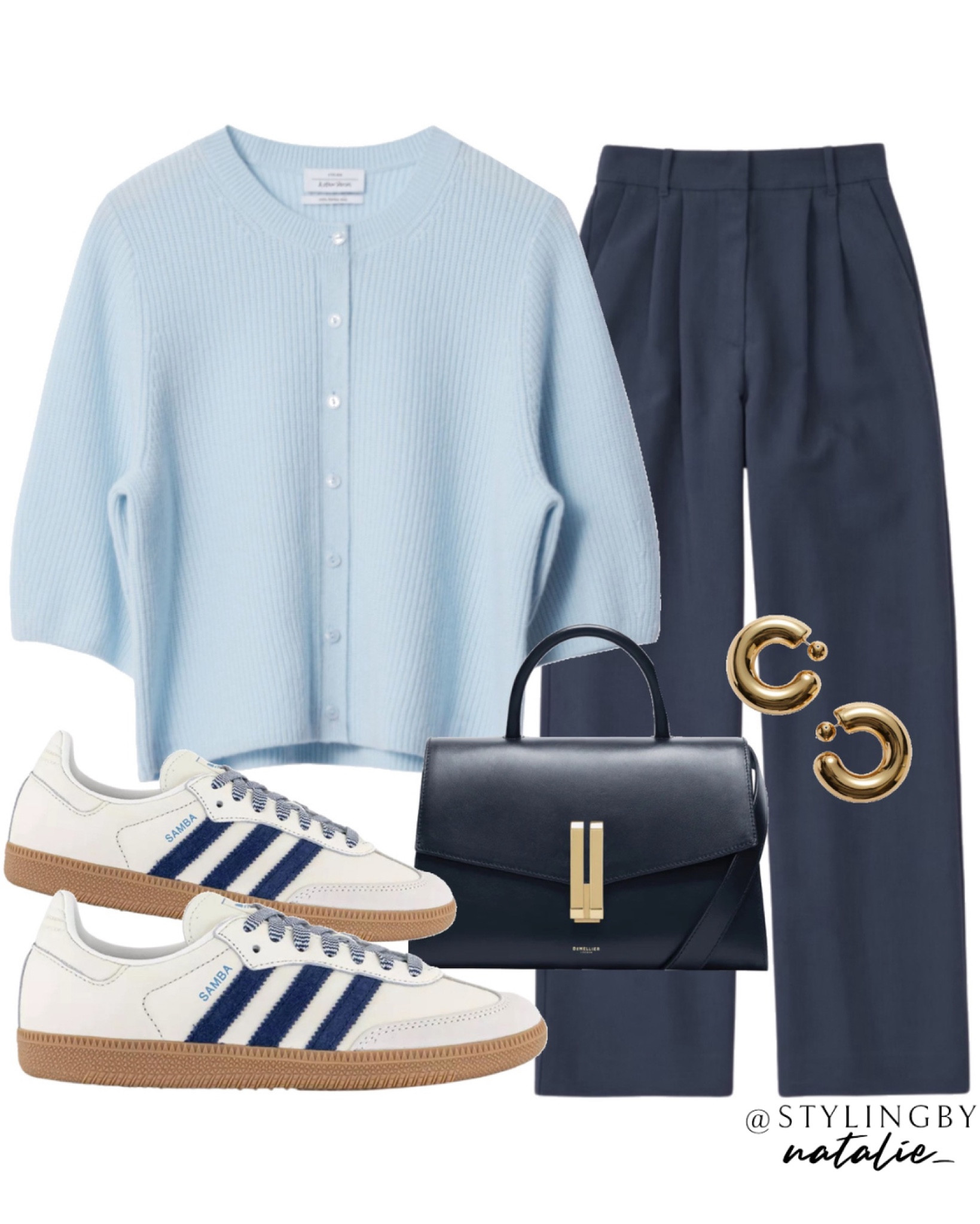 Ribbed cardigan, baby blue knitwear, navy tailored trousers, adidas samba trainers, Demellier bag, gold hoops. Autumn outfit, work wear, office outfit.

#LTKeurope #LTKautumn #LTKworkwear