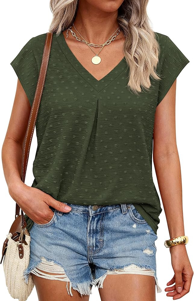 PRETTYGARDEN Women's Summer Blouses Casual Dressy Swiss Dot Cap Sleeve V Neck Tops 2026 Trendy Wo... | Amazon (US)
