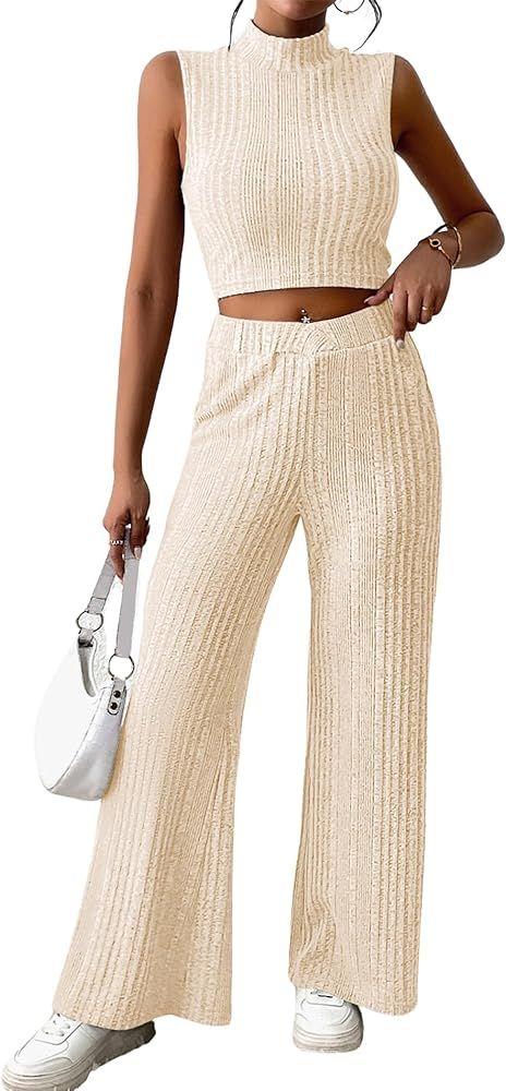 ZAFUL Women's Summer 2 Piece Outfits Ribbed Knit Sleeveless Crop Tank Top Wide Leg Pants Lounge S... | Amazon (US)