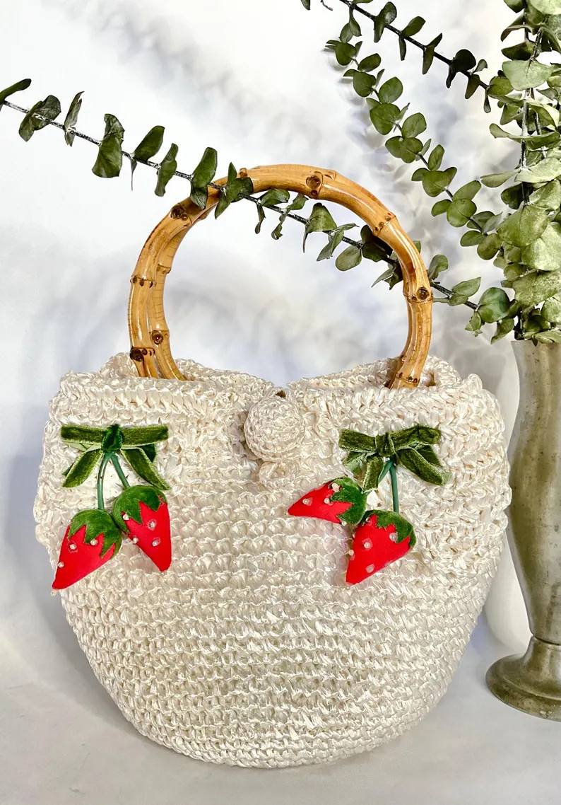 1950s 1960s Raffia Purse, Woven Strawberries Bamboo Handle Handbag, Mid Century Accessory - Etsy | Etsy (US)