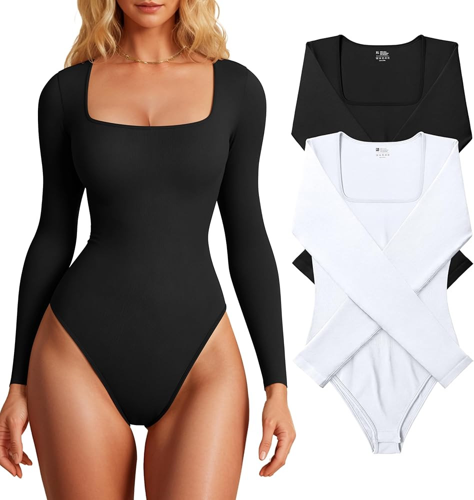 OQQ Women's 2 Piece Bodysuits Sexy Ribbed Long Sleeve Square Neck One Piece Bodysuits | Amazon (US)