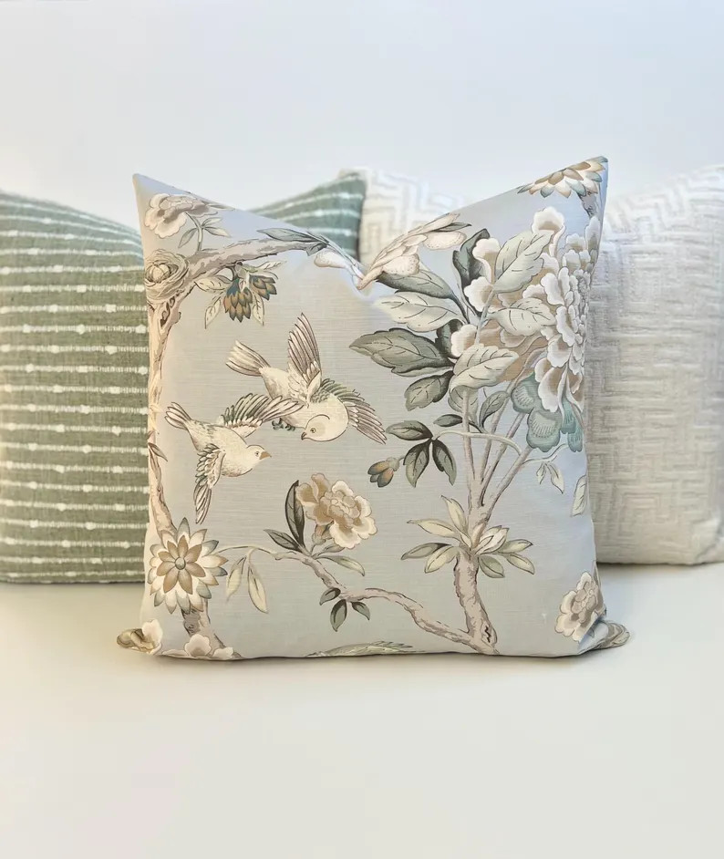 Light Gray, Beige and Green Bird Floral Decorative Pillow Cover - Etsy | Etsy (US)