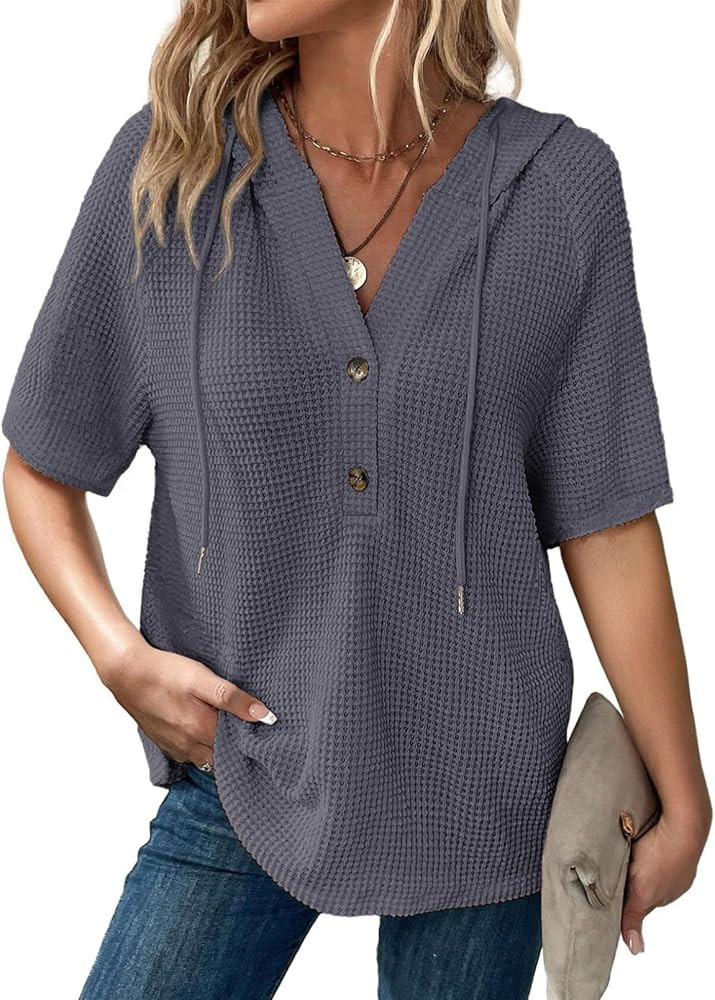 Dokotoo Womens Summer Waffle Knit Short Sleeve Tops Lightweight Drawstring Hoodies Button V Neck ... | Amazon (US)