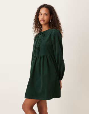 Nobody's Child Eden cord triple bow smock mini dress in dark green | ASOS (Global)
