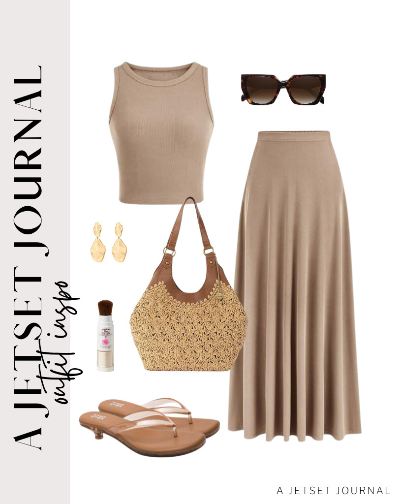 For the next outfit, we have this khaki two-piece set. FUNKYMONKEY’s jelly flip-flops and Sakroots shoulder bag are perfect for this chic outfit. You can apply this Hawaiian Tropic Mineral Powder, then wear these SOJOS sunnies to finish the look.	

#LTKSeasonal #LTKSaleAlert #LTKTravel
 

 