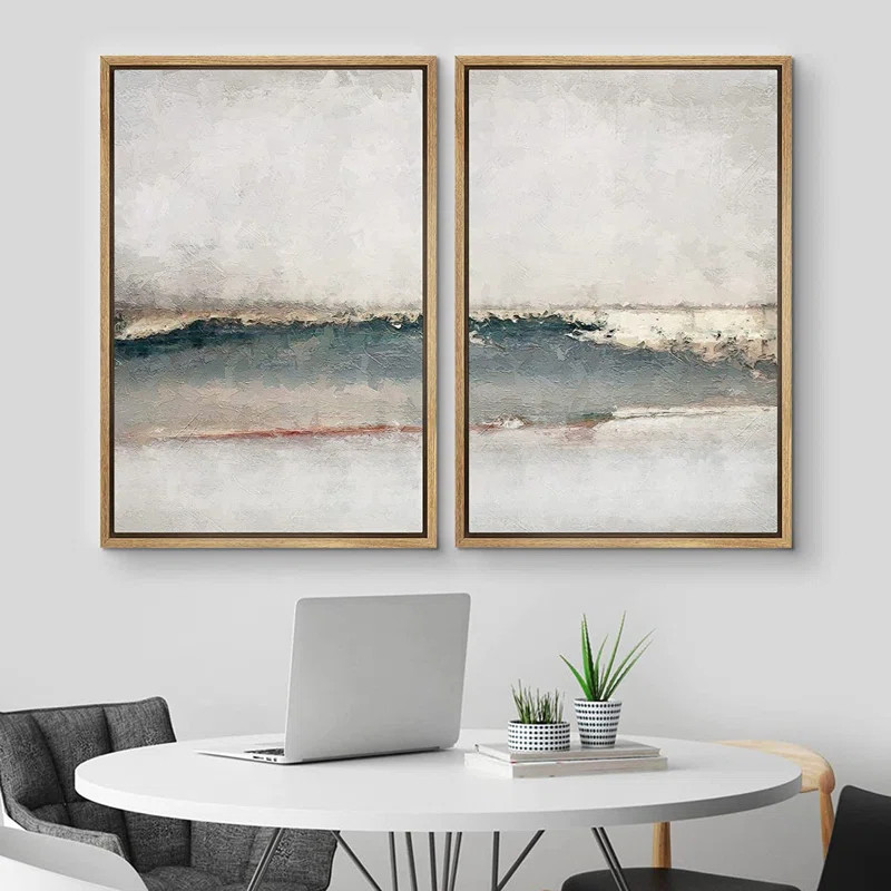 Pastel Gray Teal Abstract Landscape Illustrations Modern Art Decor on Flat Canvas | Wayfair North America