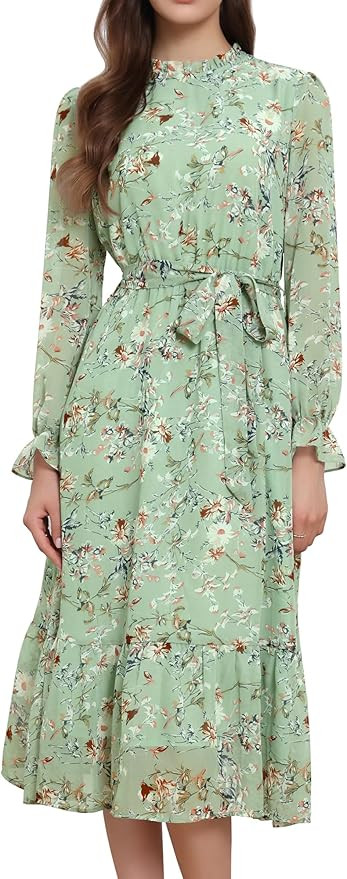 Allegra K Fall Casual Floral Dress for Women 2025 Long Sleeve Crew Neck Chiffon Midi Tea Party Ru... | Amazon (US)