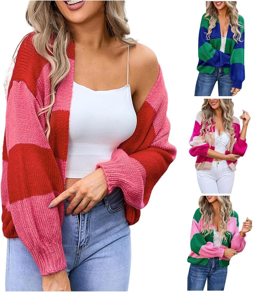 Women's Striped Cardigan Sweater Button Down Cropped Knitted Jacket Long Sleeve Coats 2024 Open F... | Amazon (US)