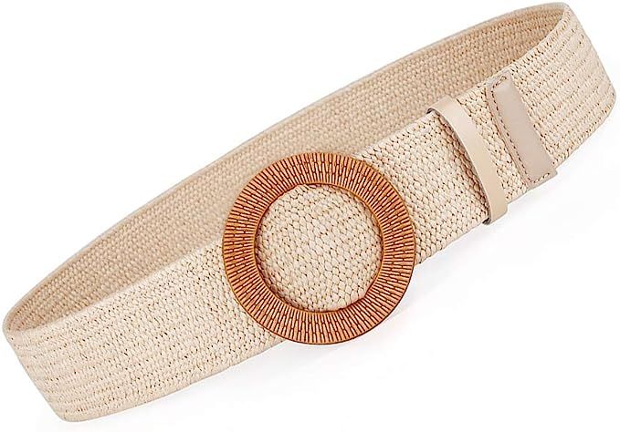Women Belts For Dresses, Elastic Straw Rattan Waist Band With Wood Buckle | Amazon (US)