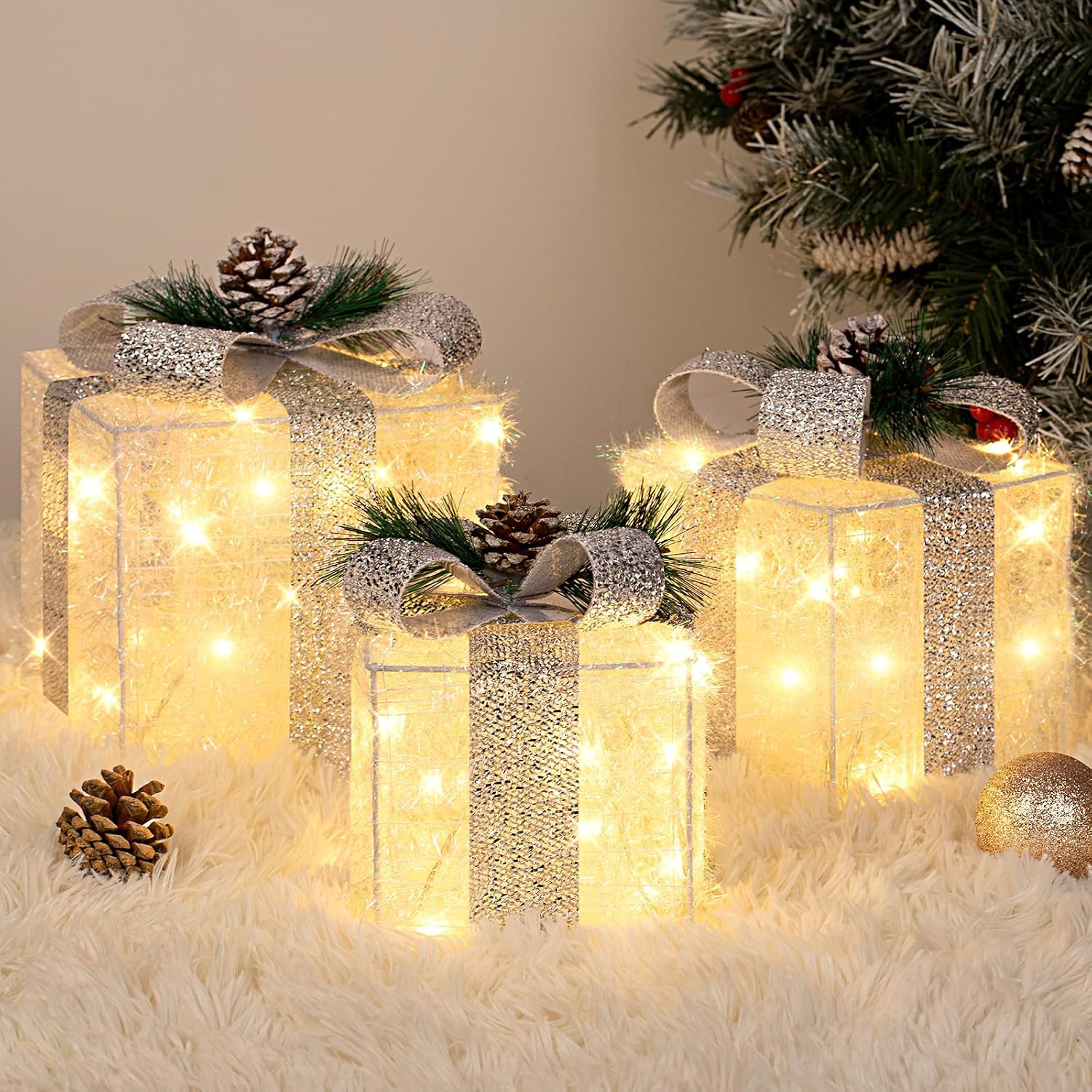 Set of 3 Christmas Lighted Gift Boxes with Plug, Indoor Outdoor Christmas Decorations with 60 LED Warm White Mini String Lights, Present Boxes with Silver Tinsel for Xmas Tree Porch Decor | Amazon (US)