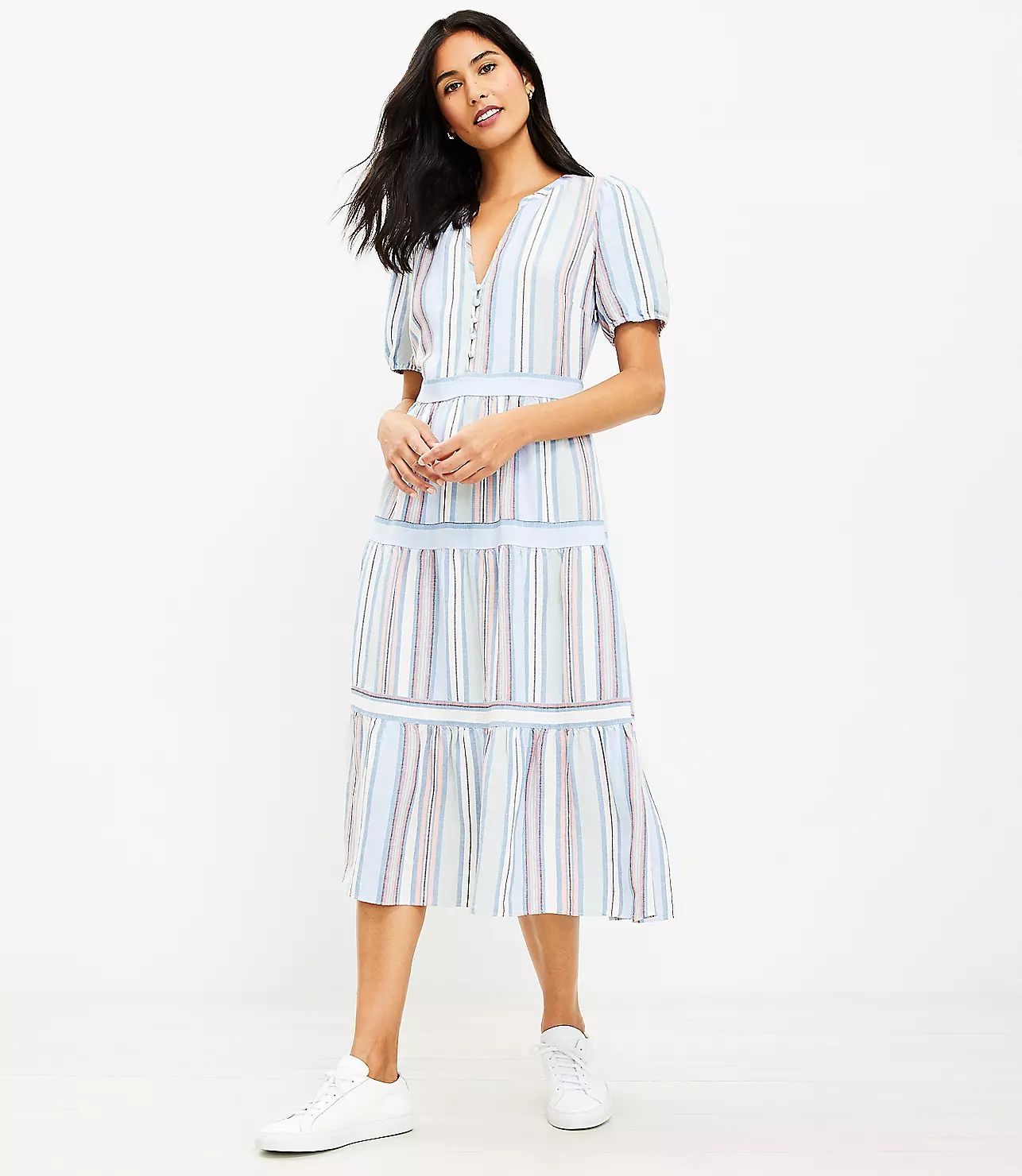 Striped Button V-Neck Tiered Maxi Dress | LOFT