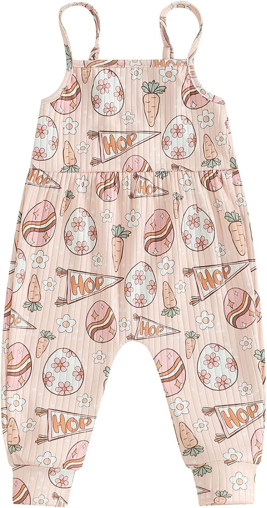YOKJZJD Toddler Baby Girl Easter Outfit Bunny Sleeveless Romper Jumpsuit Suspender Overalls Pants | Amazon (US)