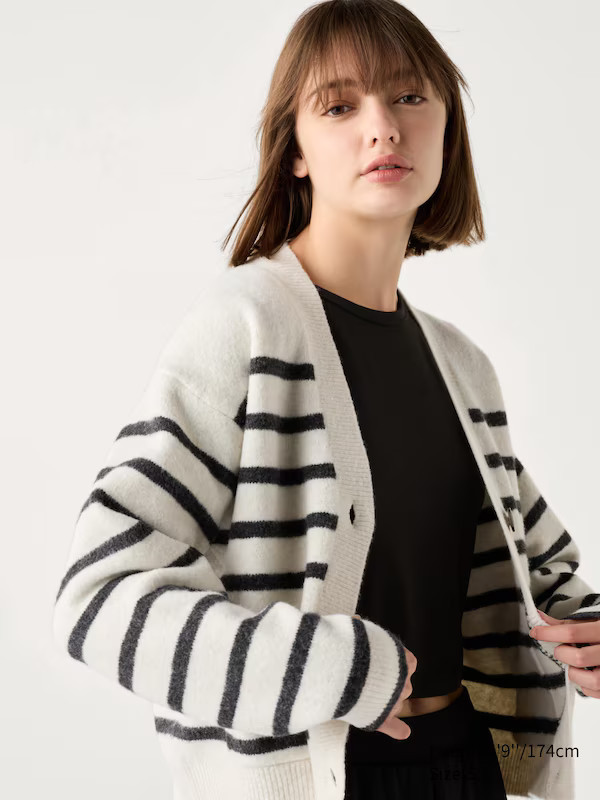 Soufflé Yarn V Neck Short Cardigan (Stripe) | Uniqlo BE