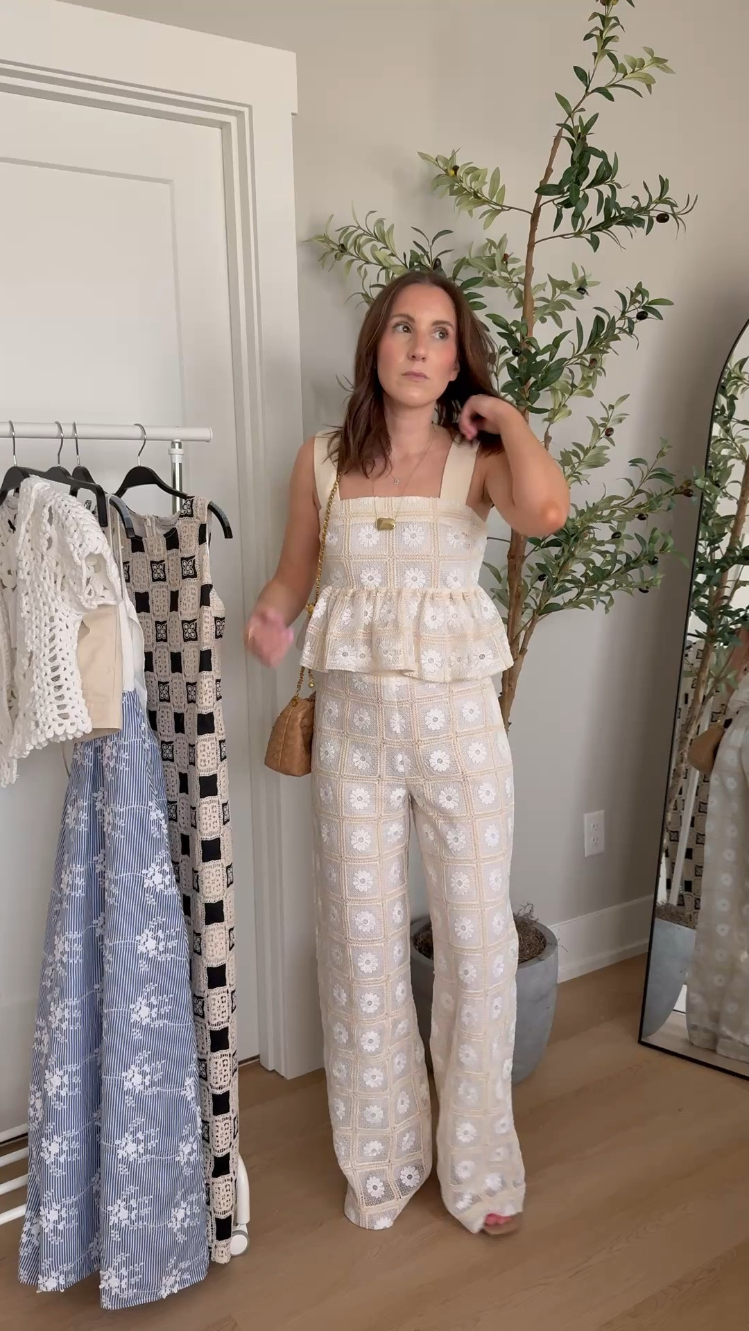 The cutest matching set from English Factory! Perfect for vacation or even a bridal moment (rehersal or bachelorette??)

Matching set, English factory, crochet, peplum top, crochet pants, neutral 