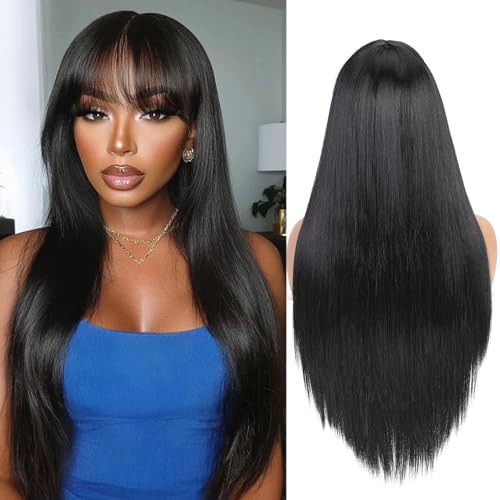 WIGER Long Black Wigs with Bangs Straight Black Hair Dye Wig for Women Long Bangs wig Full Black Cosplay Wig for Girls Synthetic Heat Resistant Natural Hair for Daily or Costumes (1B with Bangs) | Amazon (US)