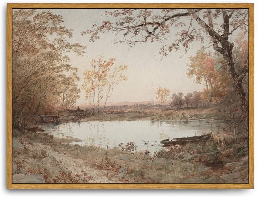 Roslynity Framed Canvas Wall Art Vintage Print Paintings Autumn Pond Landscape Nature Country Fal... | Amazon (US)