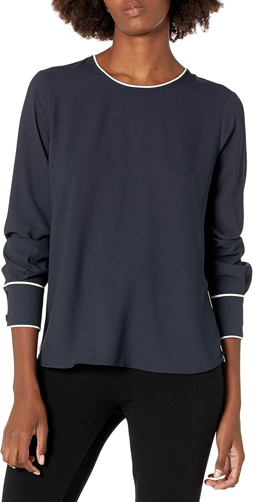 Amazon Brand - Lark & Ro Women's Crepe de Chine Long Sleeve Contrast Piping Detail Blouse | Amazon (US)
